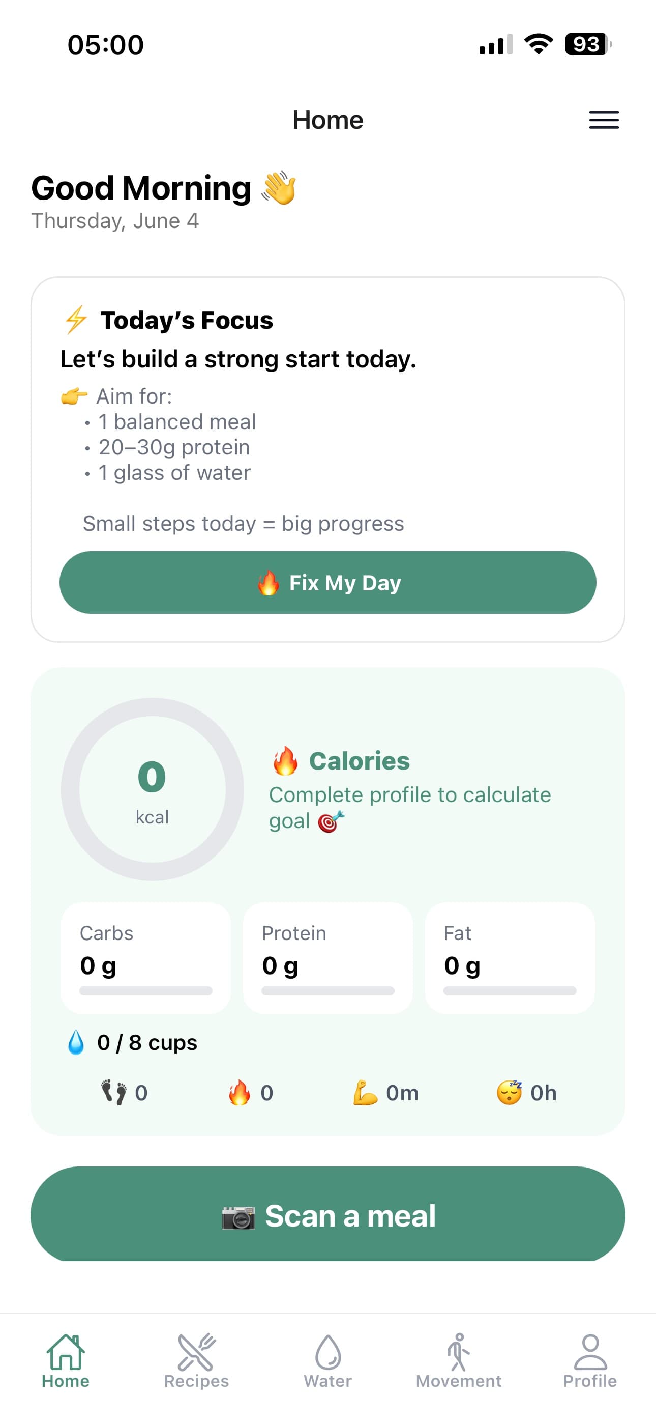 Nutraxis app screenshot: Home Dashboard